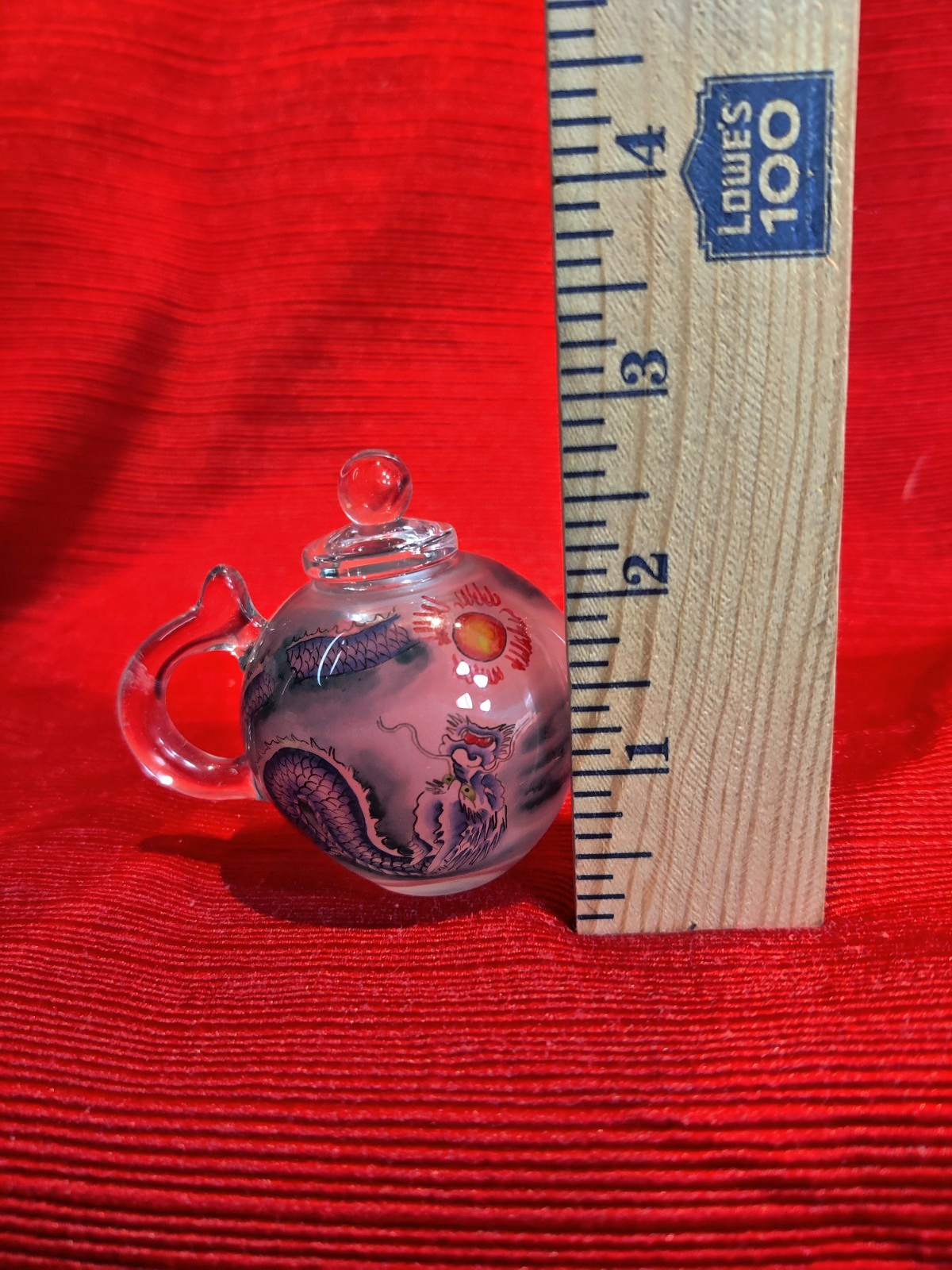 VTG Asian Glass Teapot Mini Reverse Painted Dragons Tea Pot Gift Box Small