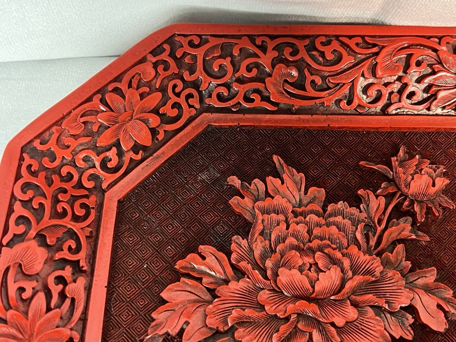Vintage Chinese Cinnabar Lacquer Serving Tray Platter Carved Peony Floral 14×10″