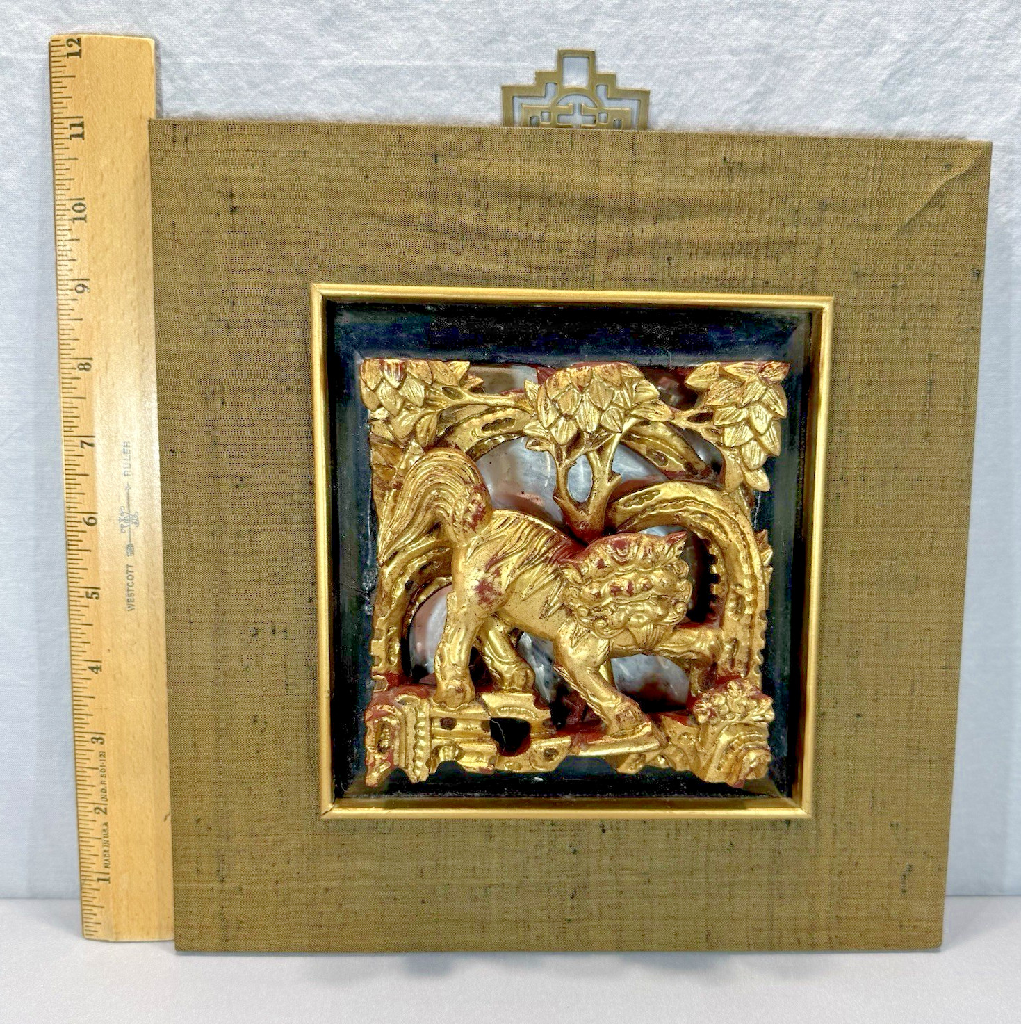 Hand Carved Antique Gilt Wood Panel from Peking 1830 Lion or Foo Dog Framed