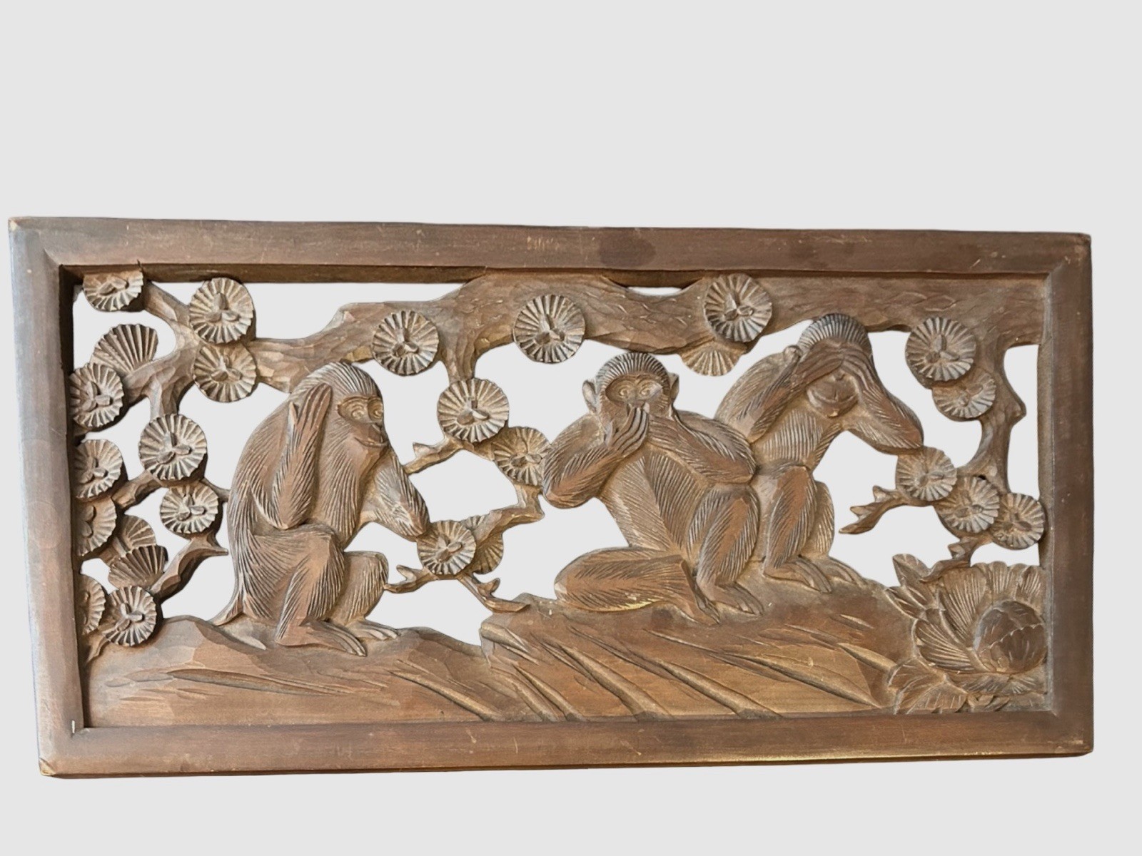 VTG Chinese Hand Carved Relief Wood Panel Three Wise Monkeys 19×9 Brown