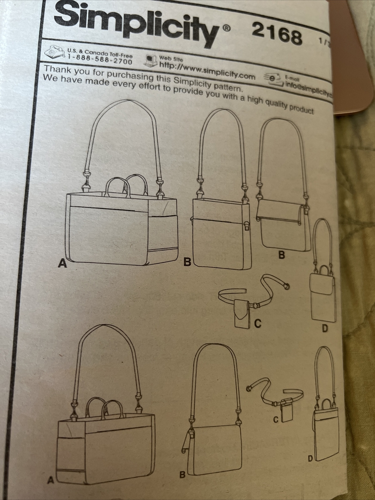 Simplicity Pattern 2168 Multi sizes Bag Tote Purse Travel Belt Cut Complete