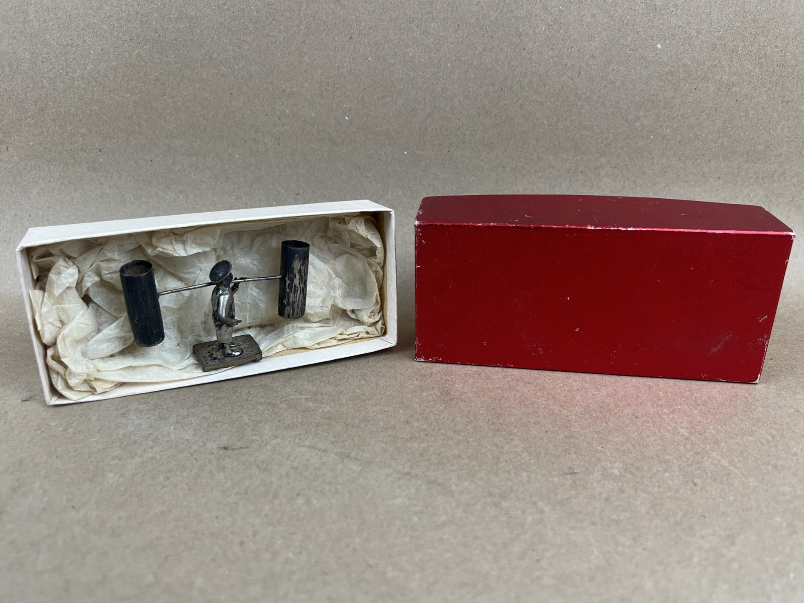 Vintage Chinese laborer tin metalwork with box, toothpick holder perhaps