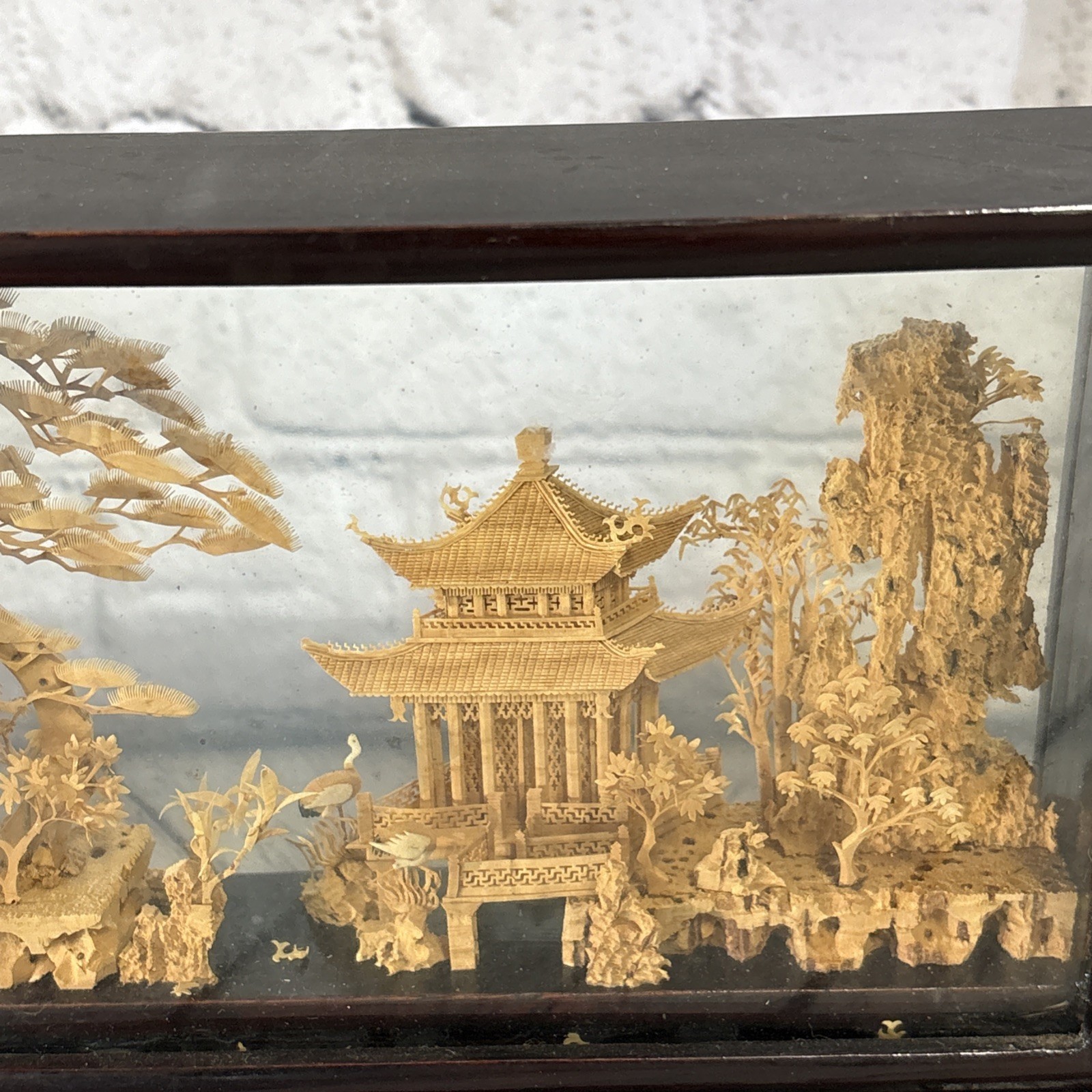 Vintage Hand-Carved Chinese Cork & Wood Sculpture Encased In Shadow Box W/Stand