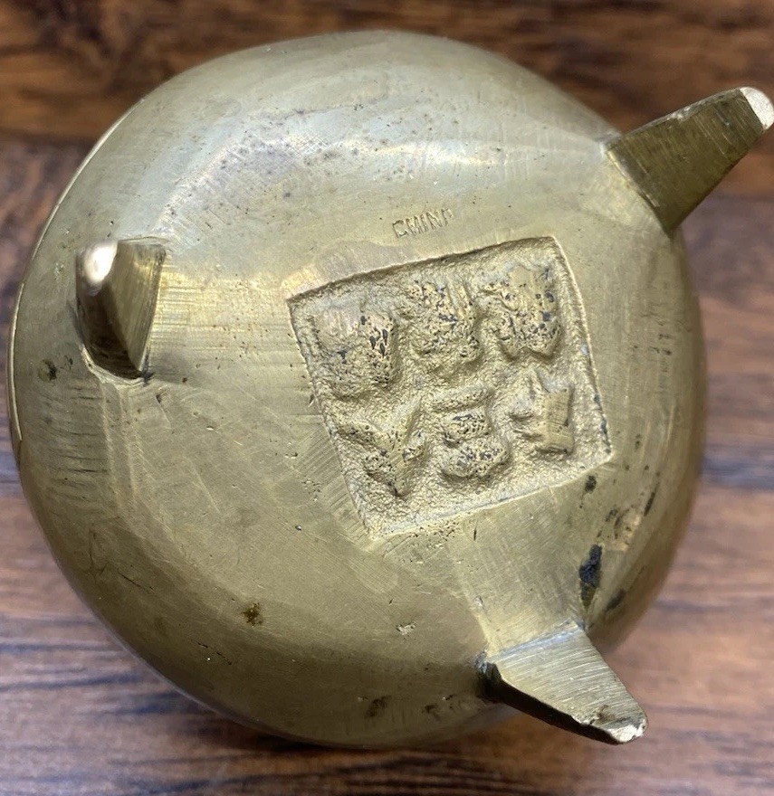 Chinese Brass Tripod Censer Incense Burner Altar Bowl Marked Vintage