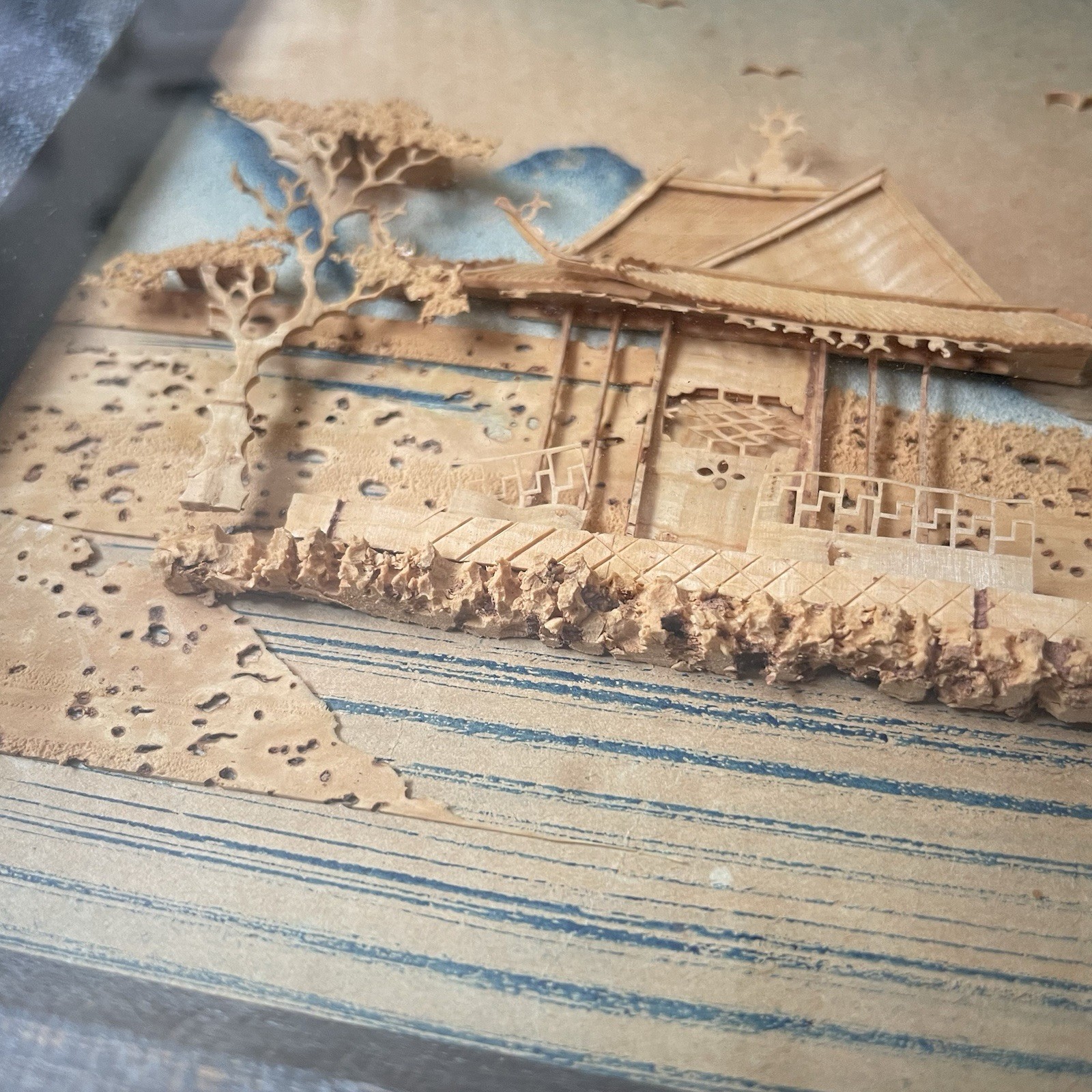 Antique 1930s Chinese Cork Carving Art 3D Pagoda Diorama W/ Birds Trees Framed