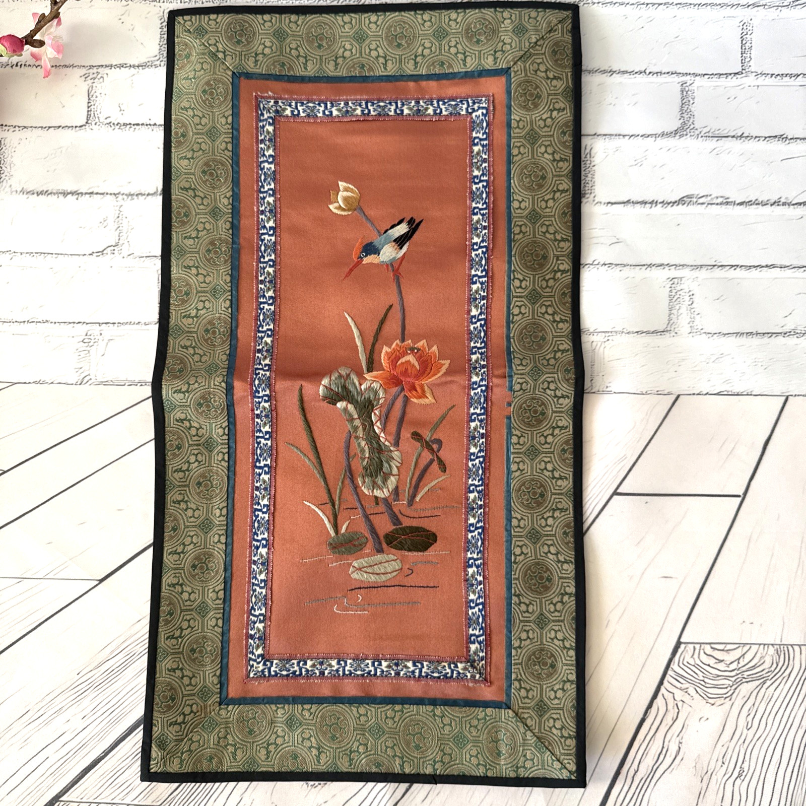 VTG Chinese Embroidered Silk Tapestry Panels Set 3 Birds & Flowers 17”x9.5”& 11″