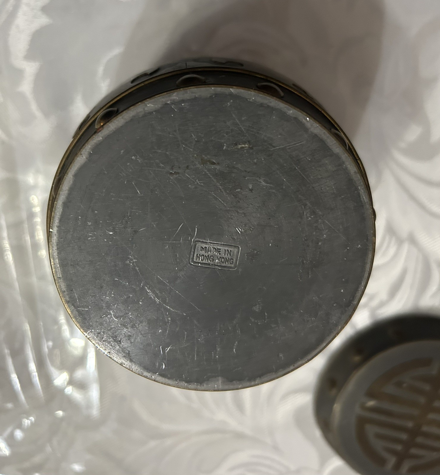 Vintage Chinese Solid Pewter & Brass 3.5” Ornate Tobacco Jar Tea Caddy Hong Kong