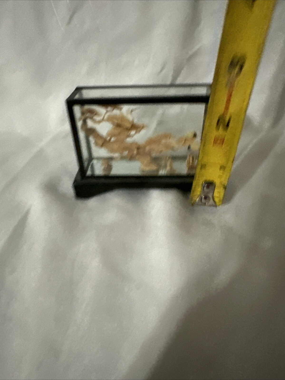Lacquered Cork Art Small Diorama Hand Carved 3” of Pagoda & Cranes in Black Vtg