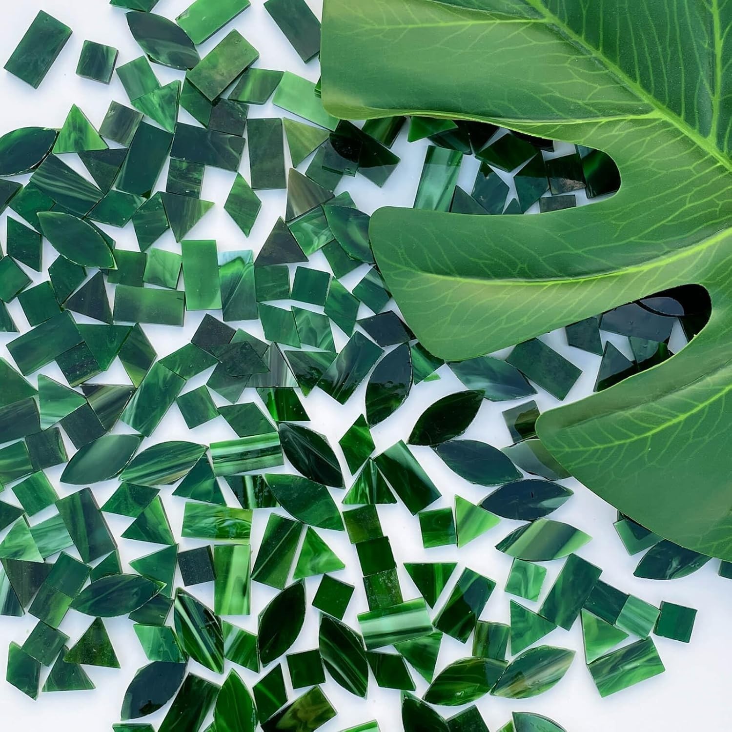240 Piece Forest Green Stained Glass Mosaic Tiles – 5 Shapes for DIY Crafts