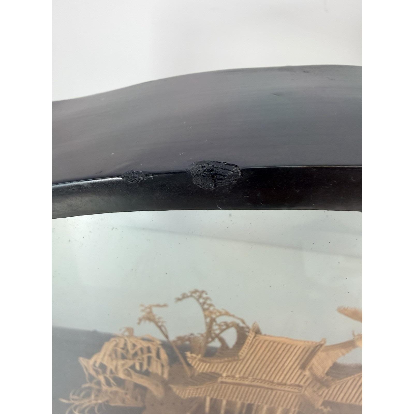 Vintage San You Chinese Cork Diorama Glass Case Black Wood Plinth 19.5×10″x3.5″