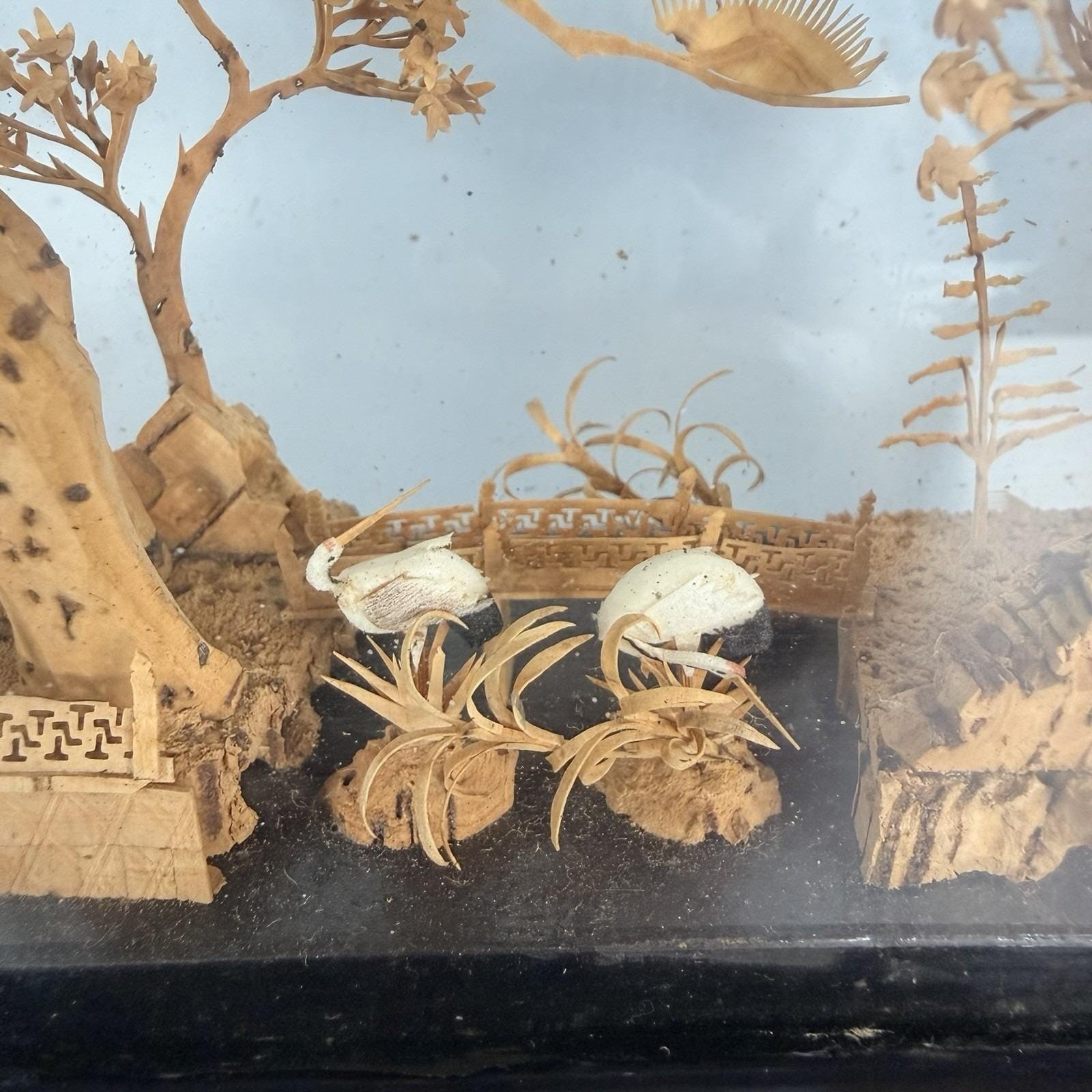 Vintage San You Chinese Cork Diorama Glass Case Black Wood Plinth 19.5×10″x3.5″