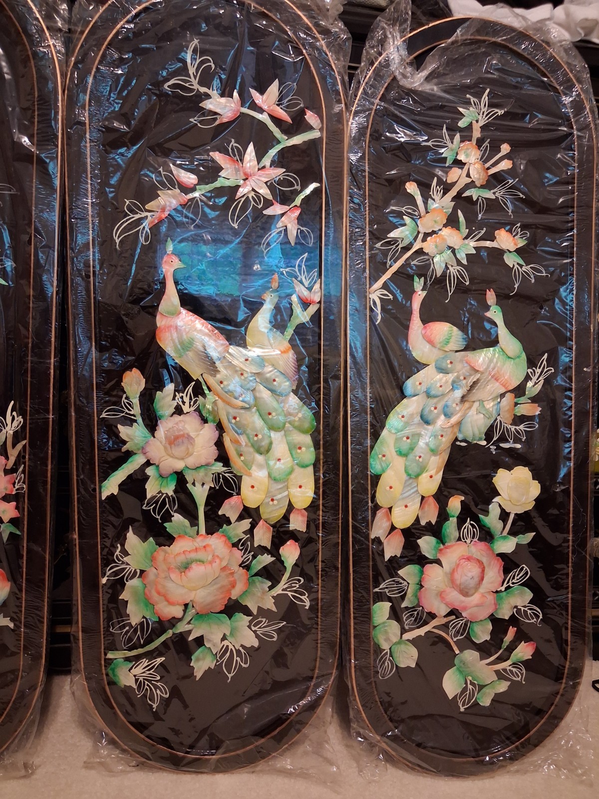 4 Vintage Asian Oriental Mother of Pearl Black Lacquer Wall Art Plaque Panels