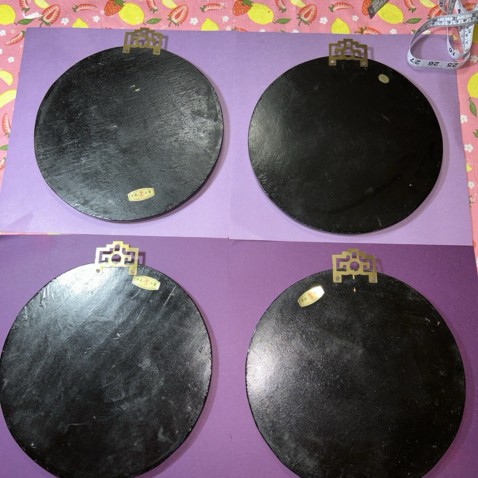 Vintage Chinese Lacquered Decorative On Wood Mother Of Pearl 10” Set Of 4 Used