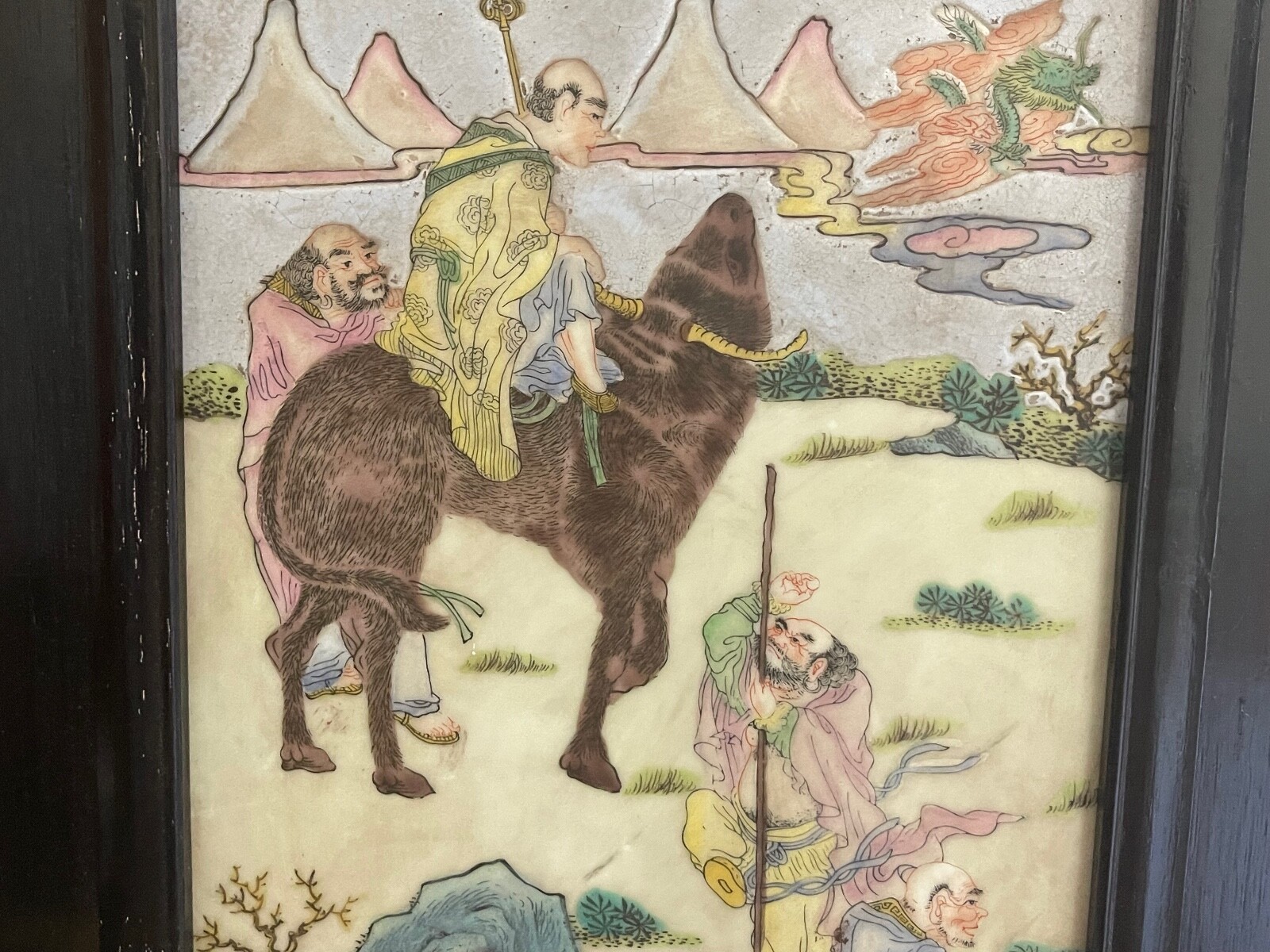 Vintage Chinese Framed Ceramic Plaque w/ Painted Man Figures & Dragon