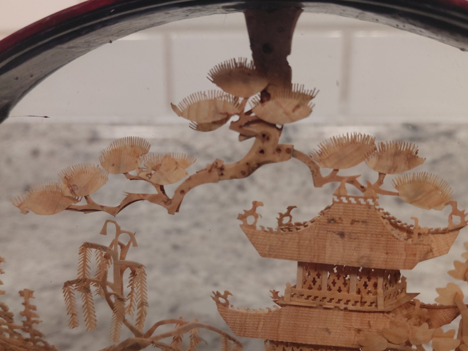 Vintage Oval Chinese Cork Art Diorama Shadow Box Pagoda Cranes Scene Glass Frame