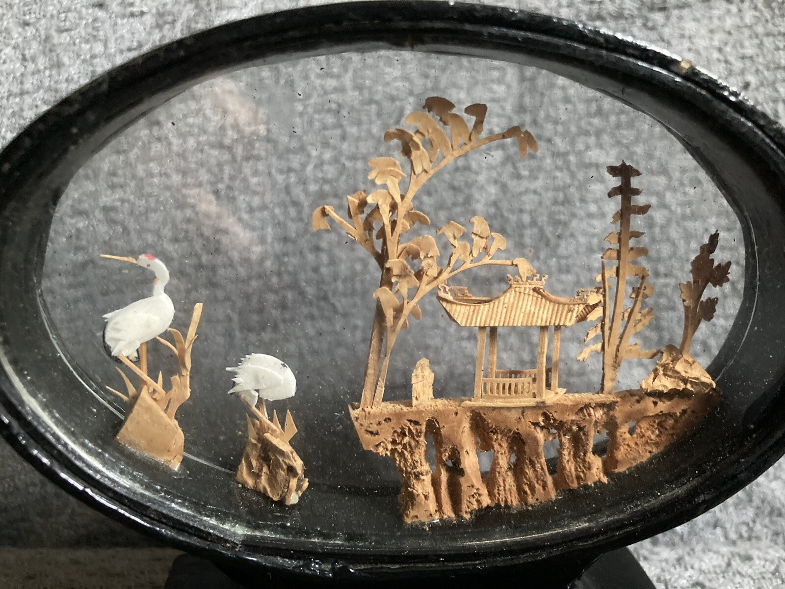 VTG Chinese Carved Cork Art Diorama Scene 4.5″ x “4 Cranes / Pagoda / Trees
