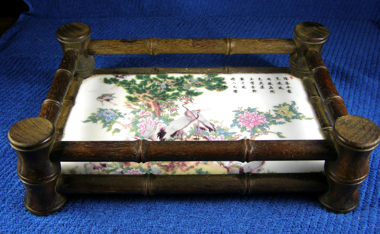 Chinese Porcelain Plaque in Bamboo Tray – 16 Red Crowned Cranes SIGNED