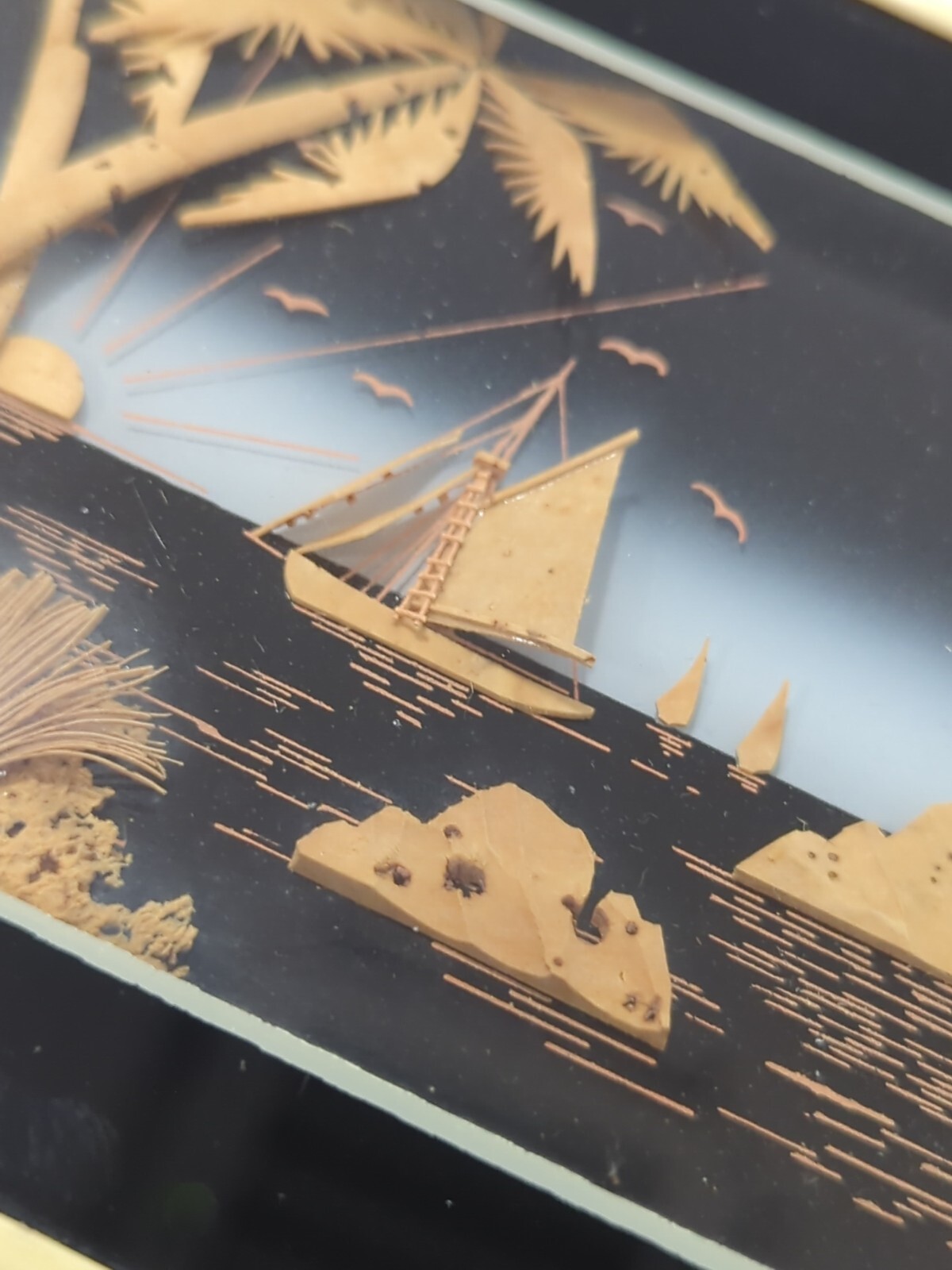 Set of 2 Stunning Vintage Carved Cork Seascape Ship 3D Shadow Box Diorama Framed