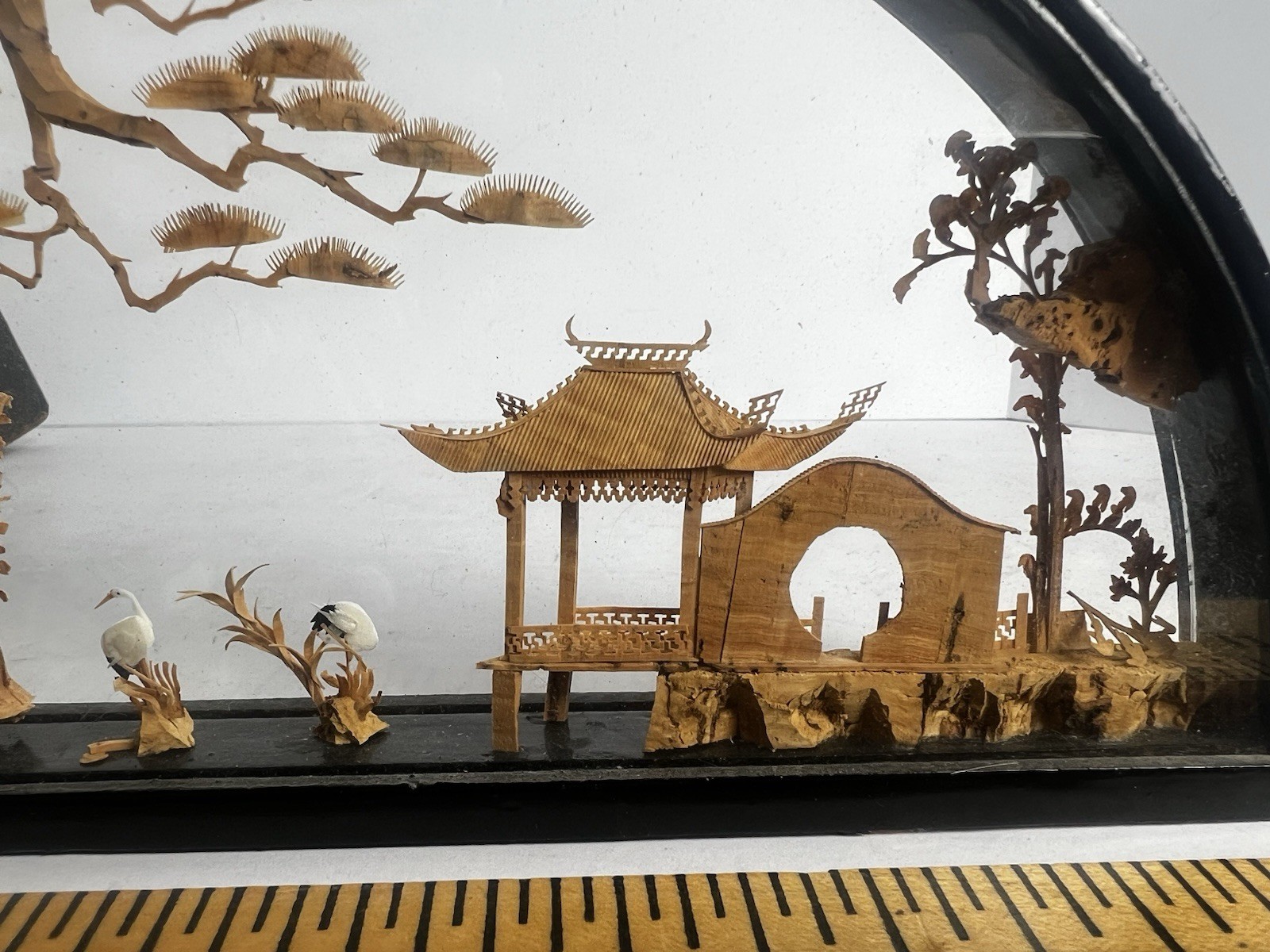 Chinese hand-carved cork diorama sculpture housed in a black wood and glass