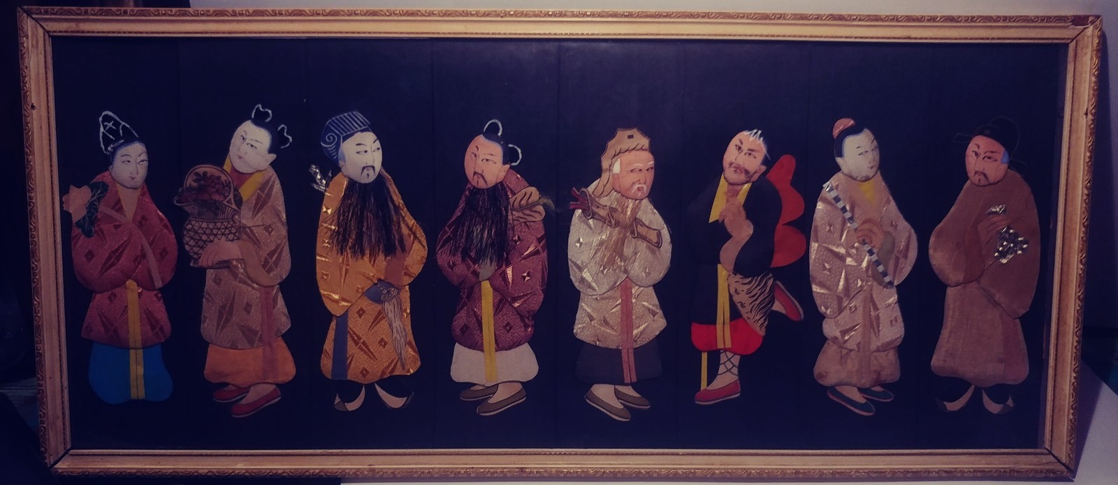 VINTAGE 1950`s SILK DOLLS,8 IMMORTALS,HAND MADE ART,FRAMED ,24 x 10.5 ,FREE SHIP