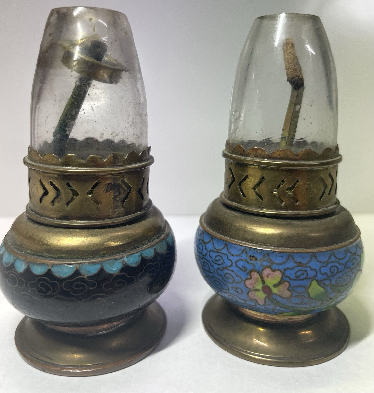 Vintage Cloisonne Enamel Mini Oil Lamp Pair Hong Kong Brass Glass Chimneys