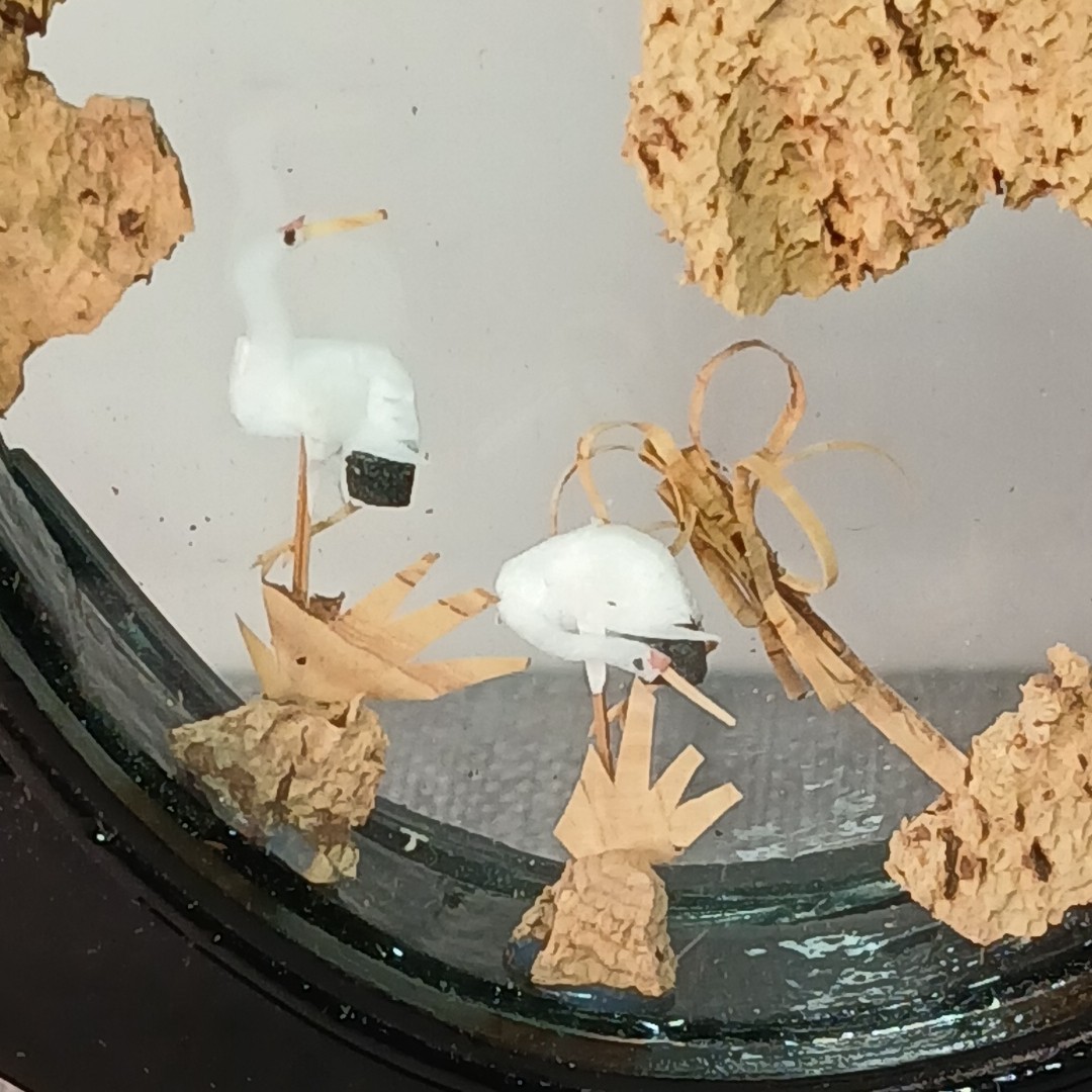 Vintage Chinese Cork Art Pagoda City Trees Cranes Glass Display Oval
