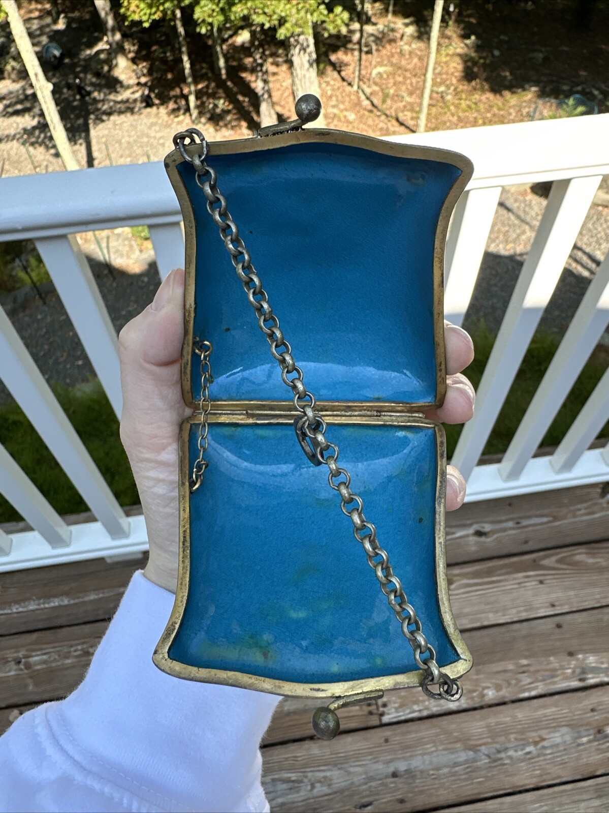 Vintage Chinese Enameled Peacock 3.5” Hinged Coin Purse w/ Chain Strap