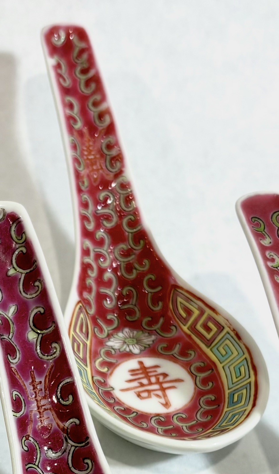 Vintage Chinese Famille Rose Mun Shou Porcelain Spoons Red Set of 6