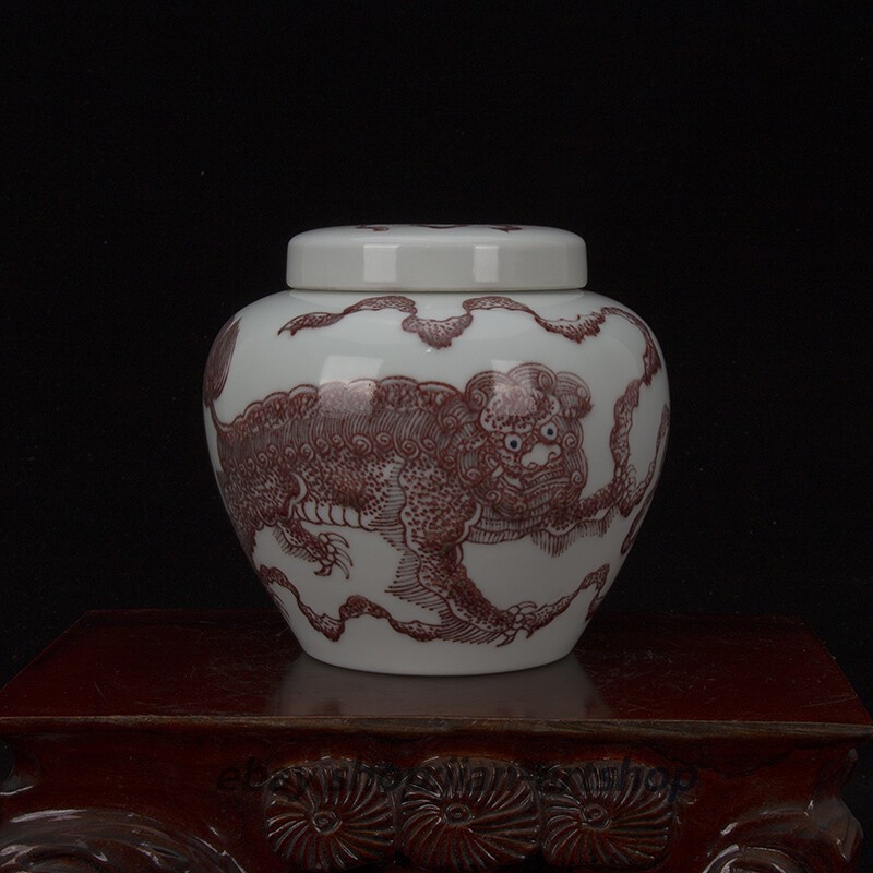 5.1″ Good China Red Glaze Porcelain Hand Painting Foo Fu Dog Lion Tea-leaf Pot