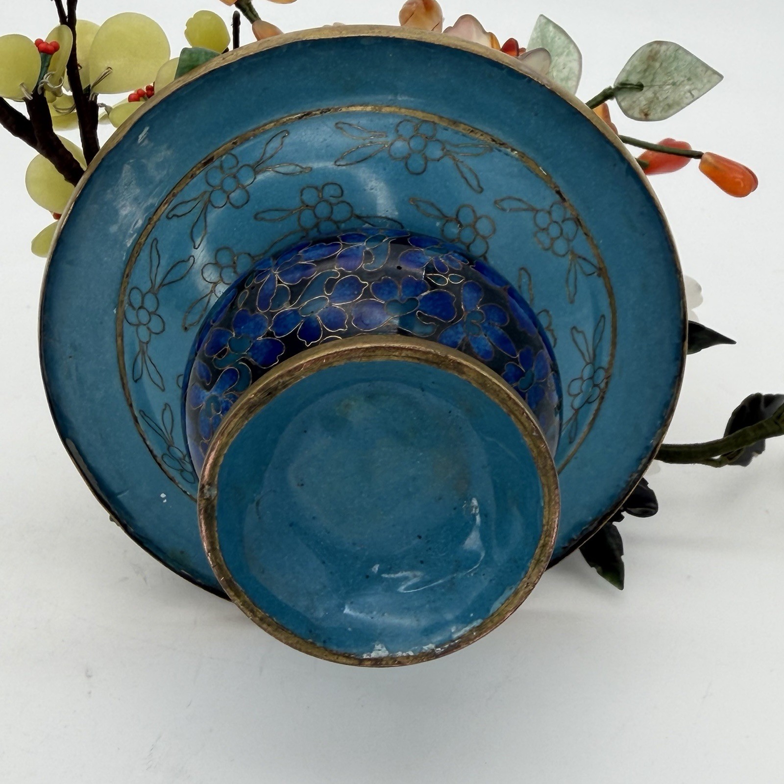 Vintage Jade Bonsai Tree Flowers Basket Cloisonné Pot 7.5” Brass Handle