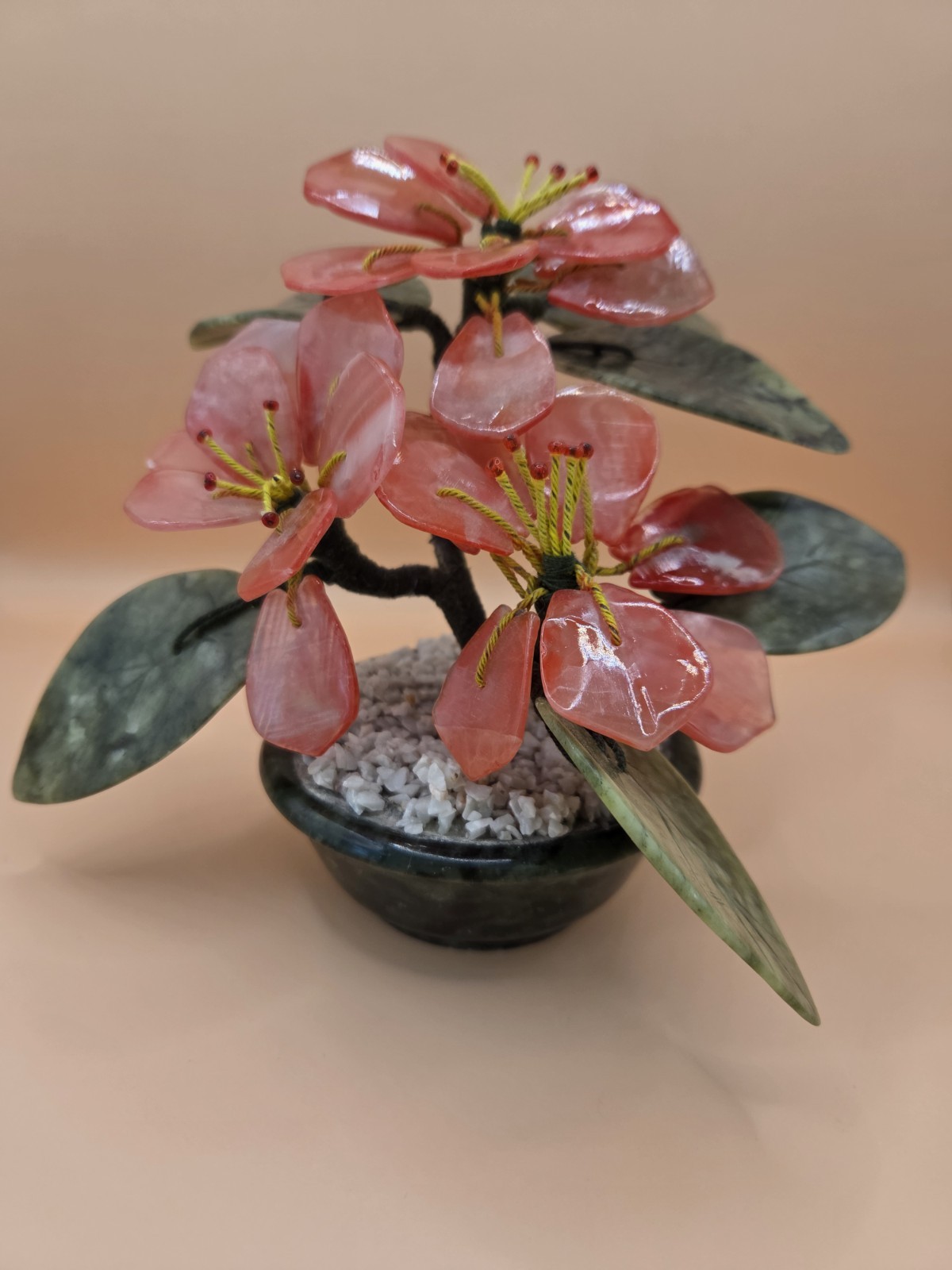 Vintage Oriental Asian Carved Jade Flower Bonsai Tree