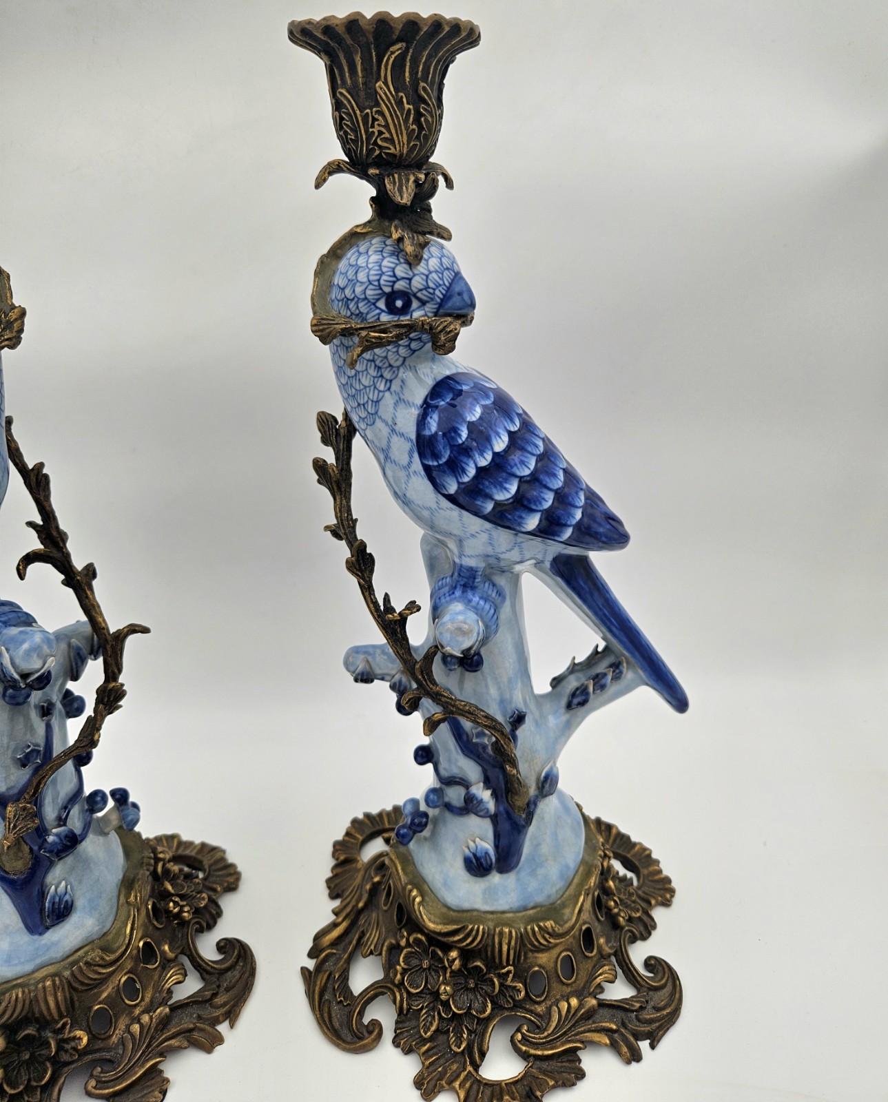 Antique Chinese Bird HOLLYWOOD REGENCY Blue Birds Brass Candle Holders 14″