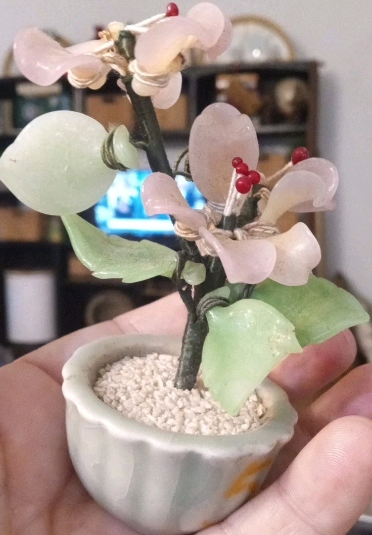 Vintage jade rose quartz flower bonsai tree decorative decor