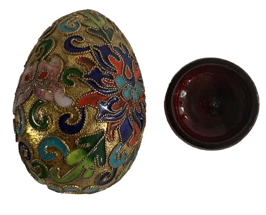 Chinese Enamel Egg Cloisonne Gold Metal Mix Color Floral Wood Stand Easter Decor