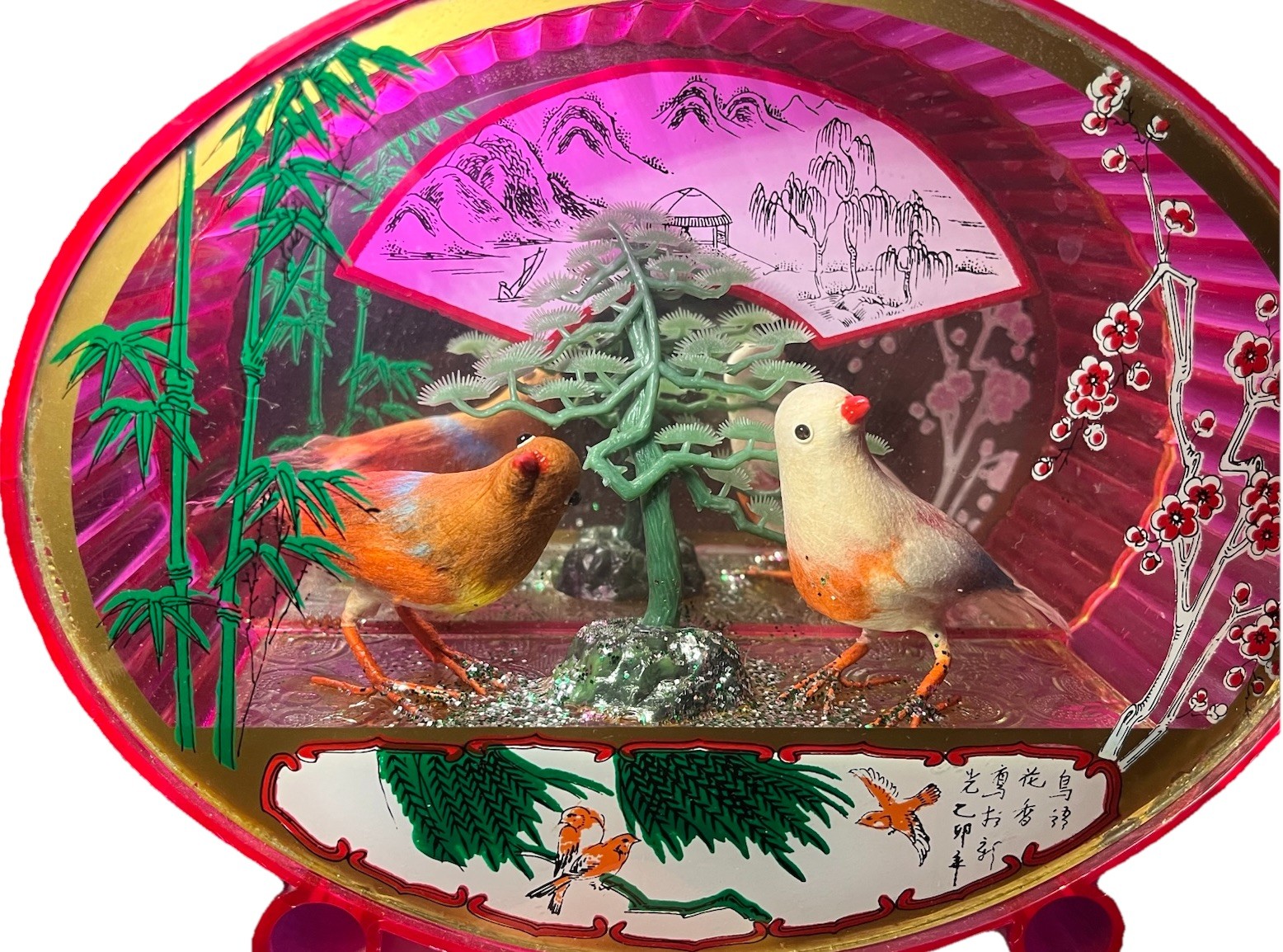 Pink Plastic Oval Case Diorama Birds Tree Mirrored Made in Hong Kong