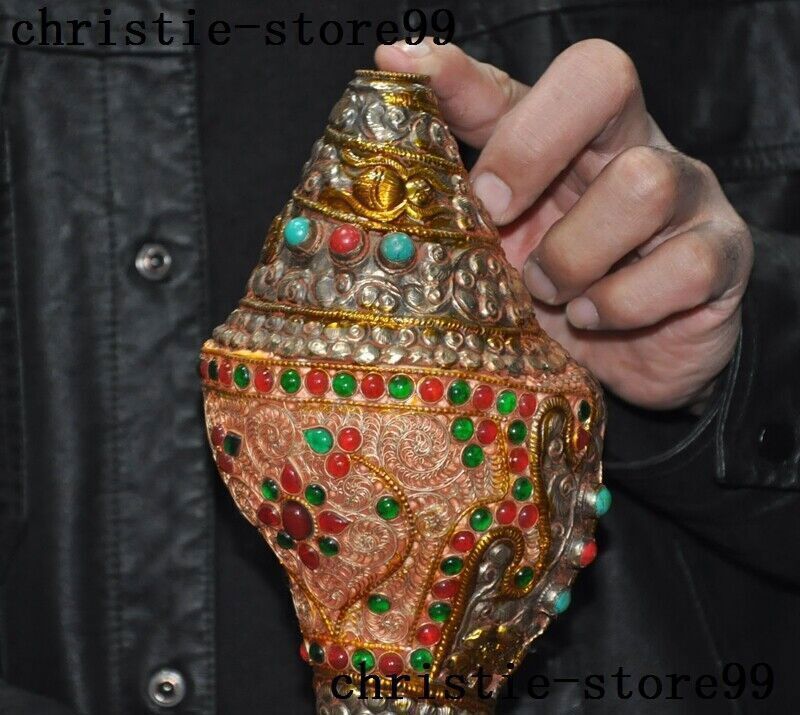 10″Tibet Buddhism bronze Gilt silver Filigree Inlay gem Conch Trumpet Horn Shell