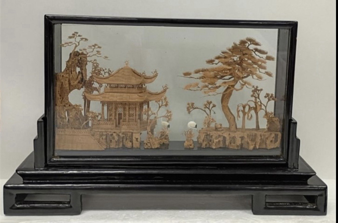 2 Vintage Chinese Hand Carved Cork Diorama in Black Lacquered Frame STUNNING
