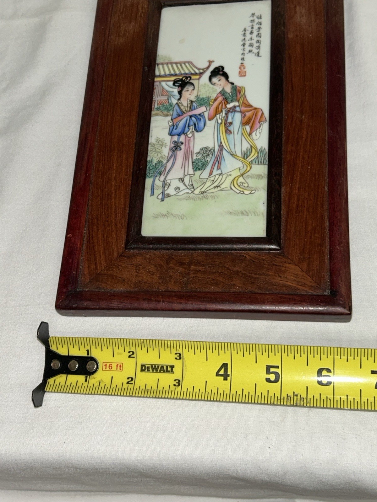 Vtg Chinese Porcelain Painting Interior Scene Plaque Republic Period 1940’s
