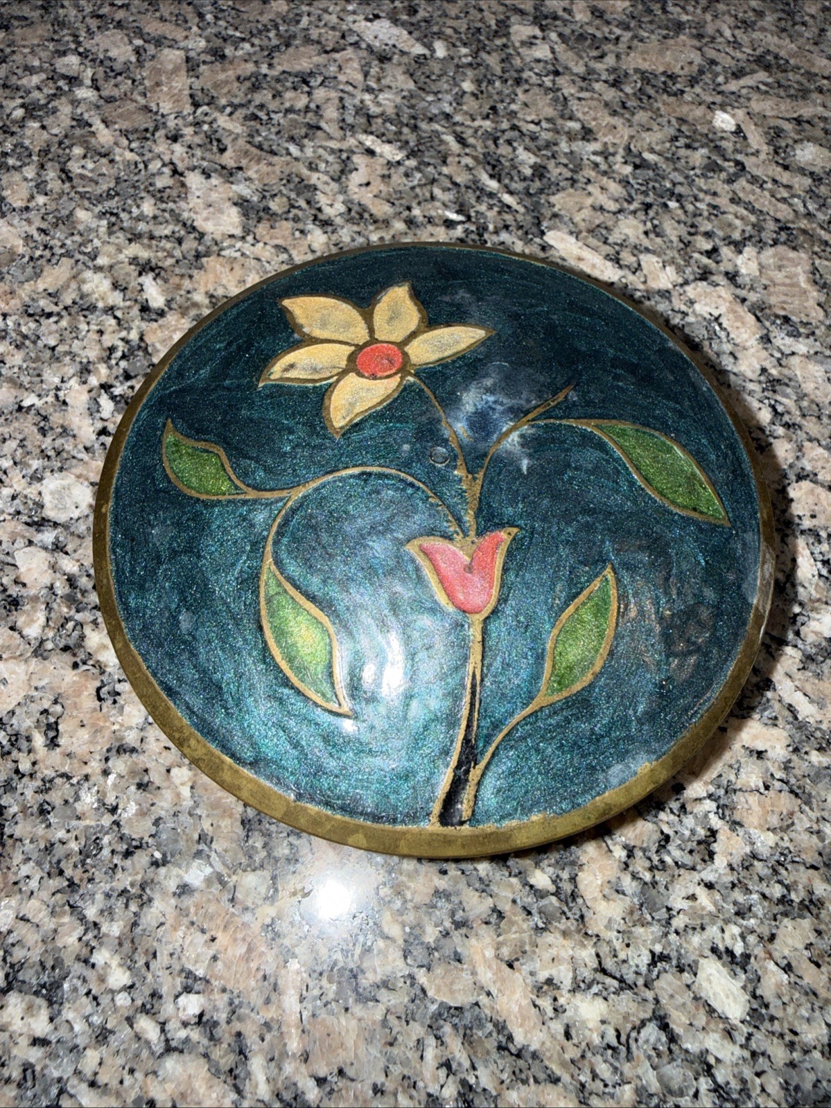 VTG SMALL BLUE & MULTI-COLOR FLOWER CHINESE ENAMELED TRINKET DISH