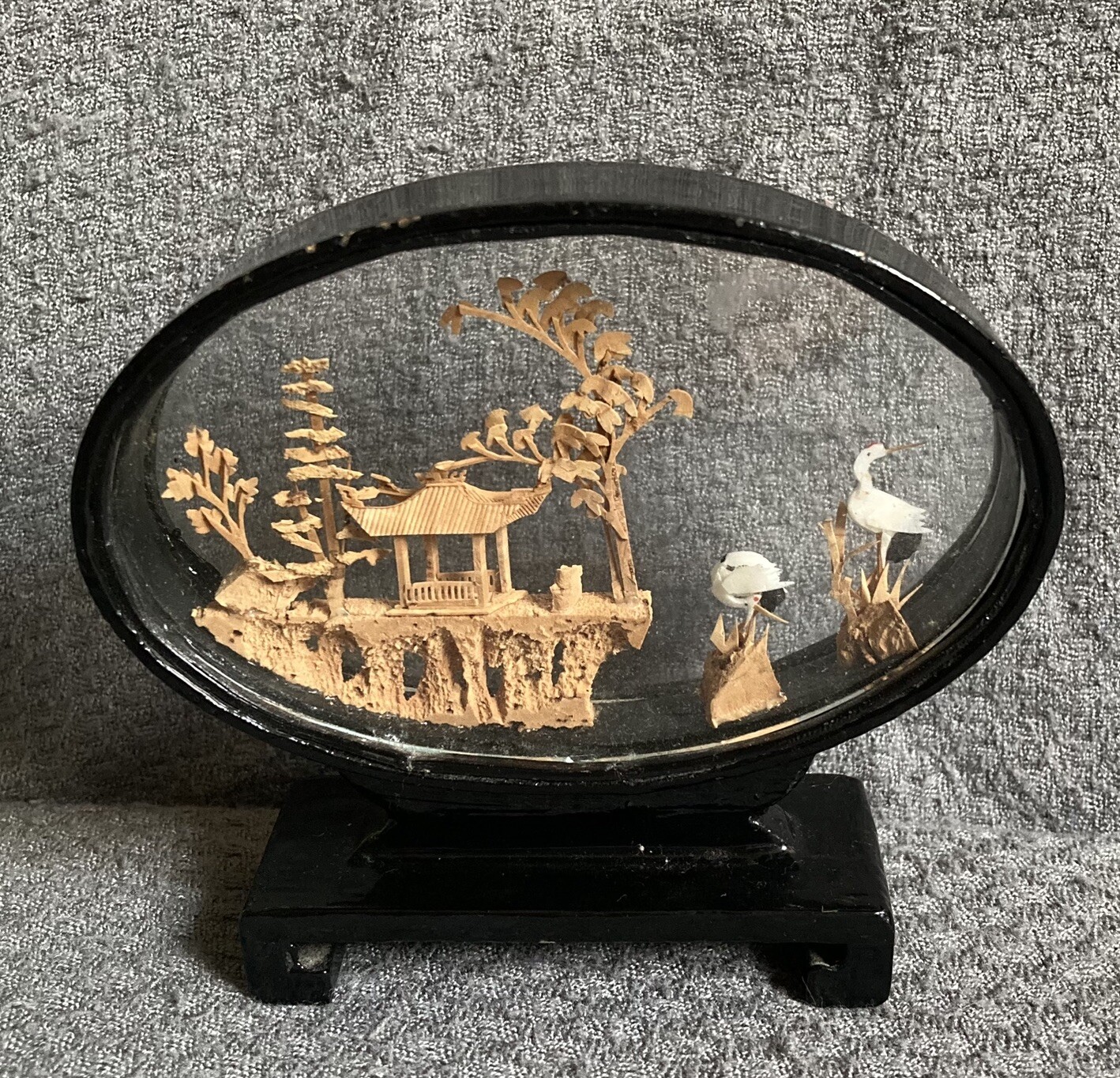 VTG Chinese Carved Cork Art Diorama Scene 4.5″ x “4 Cranes / Pagoda / Trees