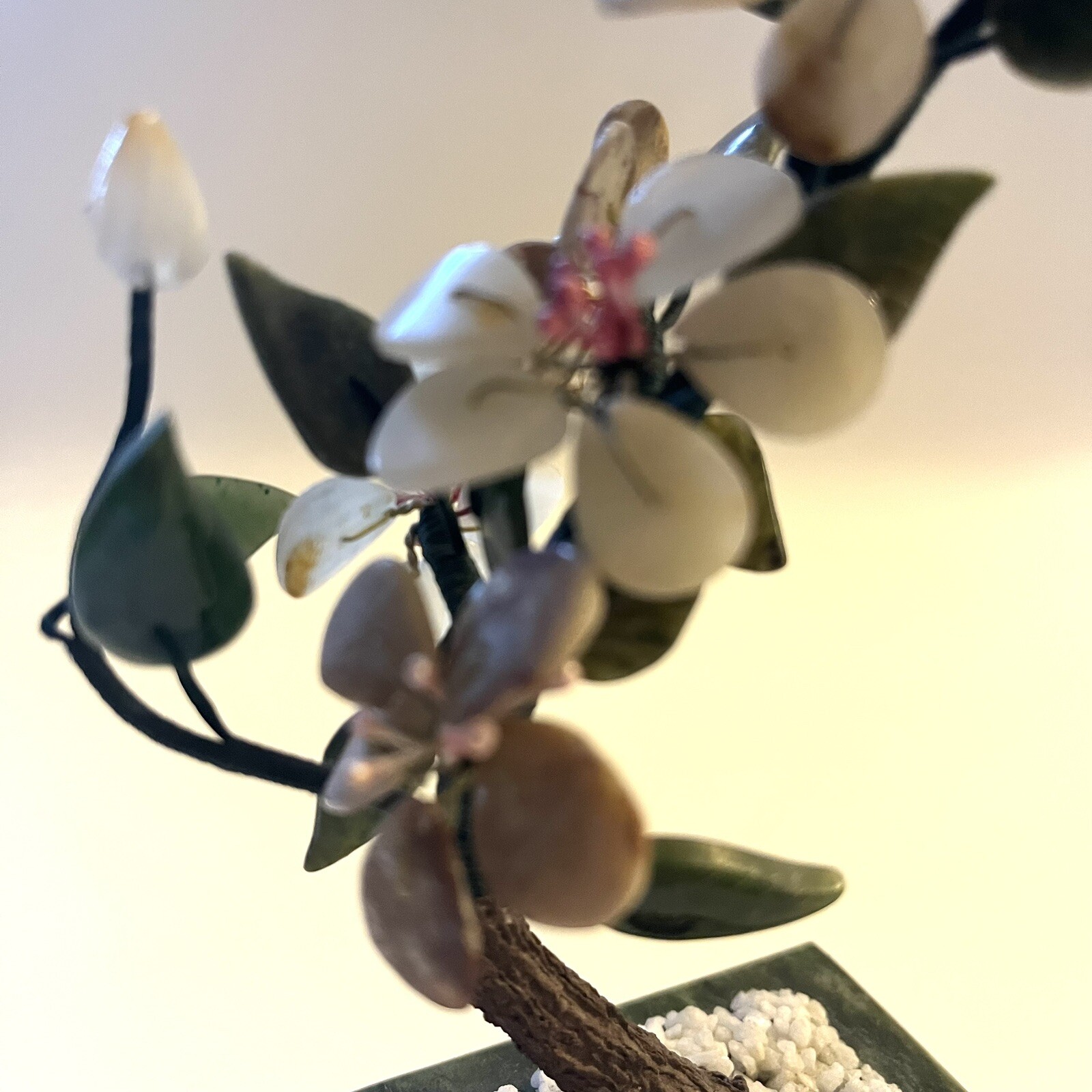 Vtg Asian Flowering Blossom Tree Hand Carved Jade Agate Semi-Precious Stone 8″H