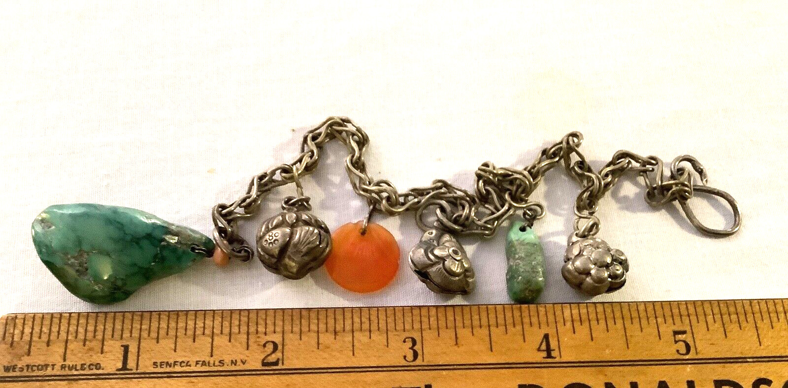 QING DY Chinese Silver TOGGLE Chatelaine AMULET bell Charms TURQUOISE CARNELIAN