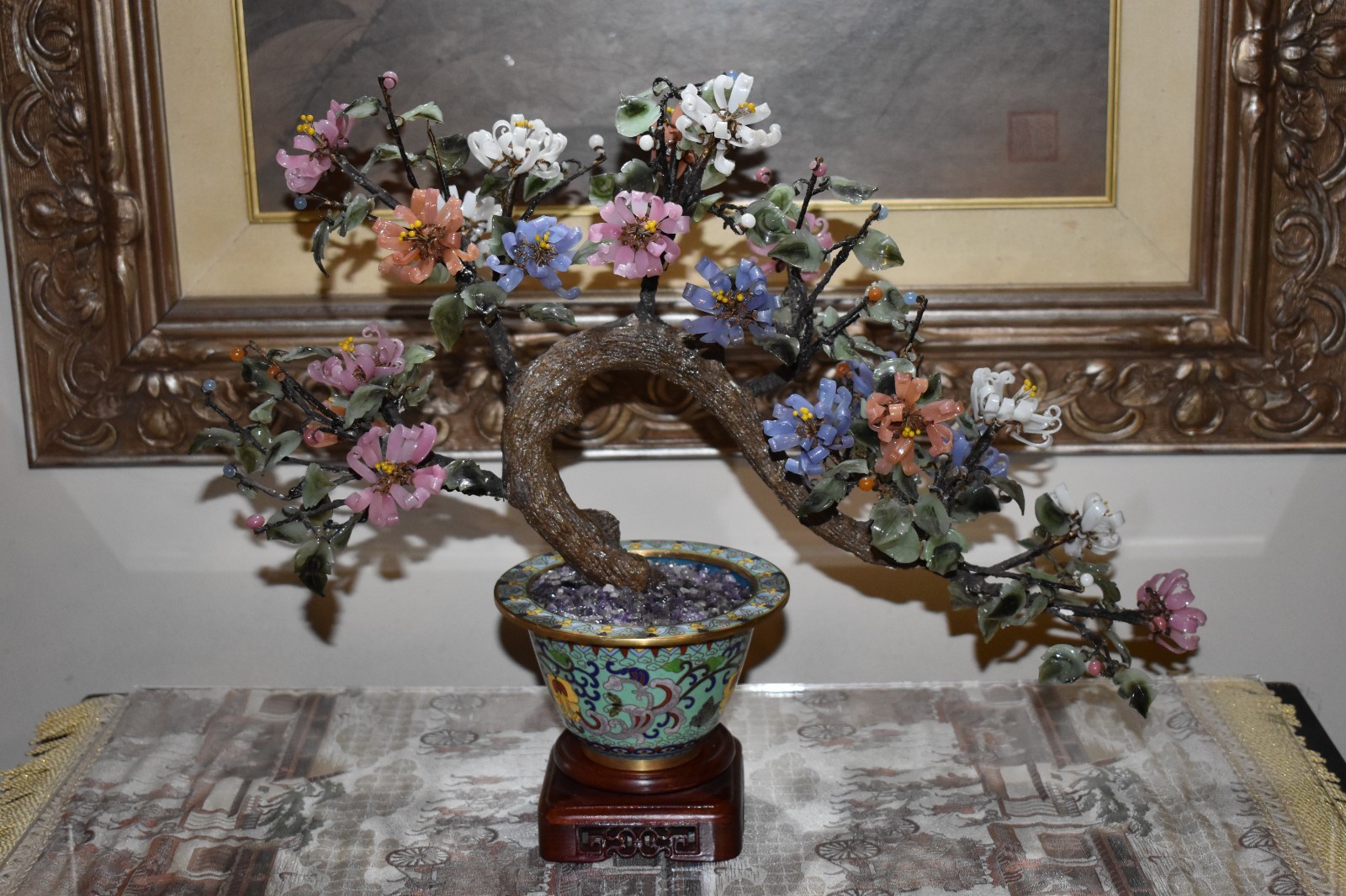 Large 18″ Vintage Chinese Peking Glass-Jade Bonsai Tree In Cloisonne bowl & base