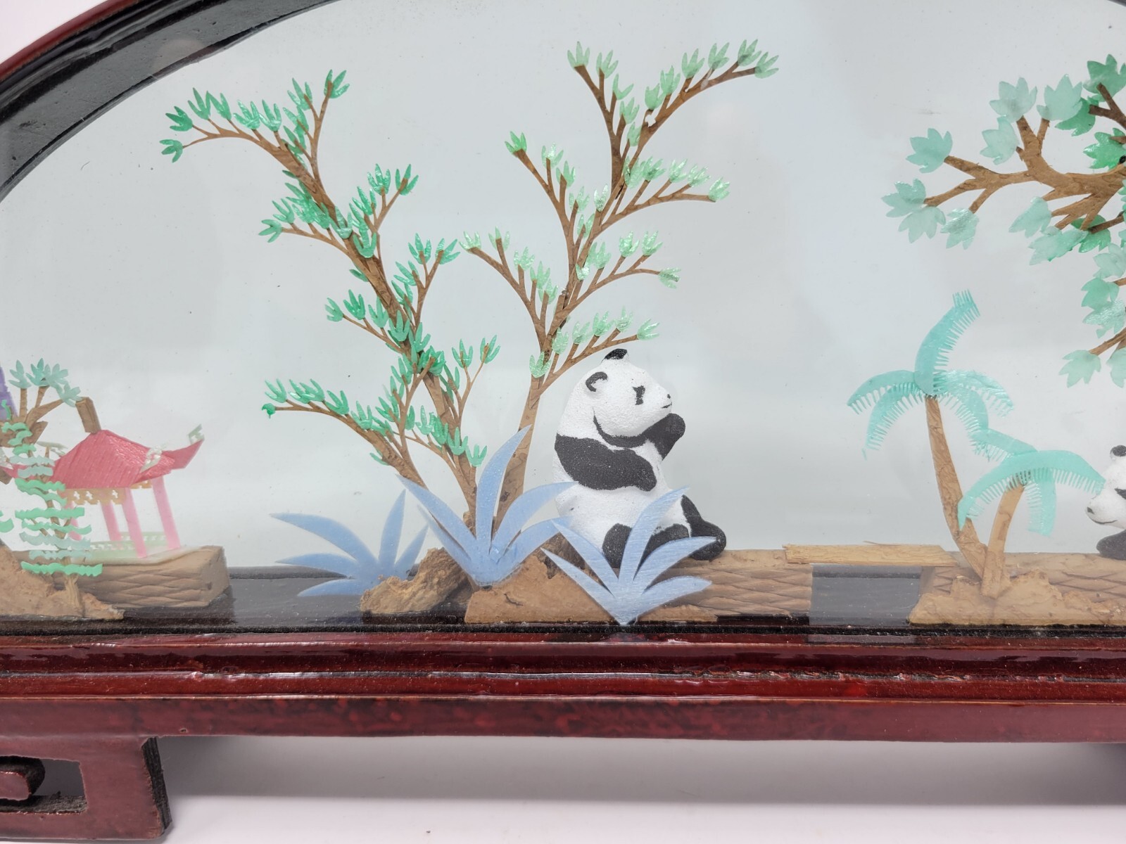 Vintage Chinese SAN YOU Diorama Art Pagoda With Trees & Pandas 1980s 14″ By 7″
