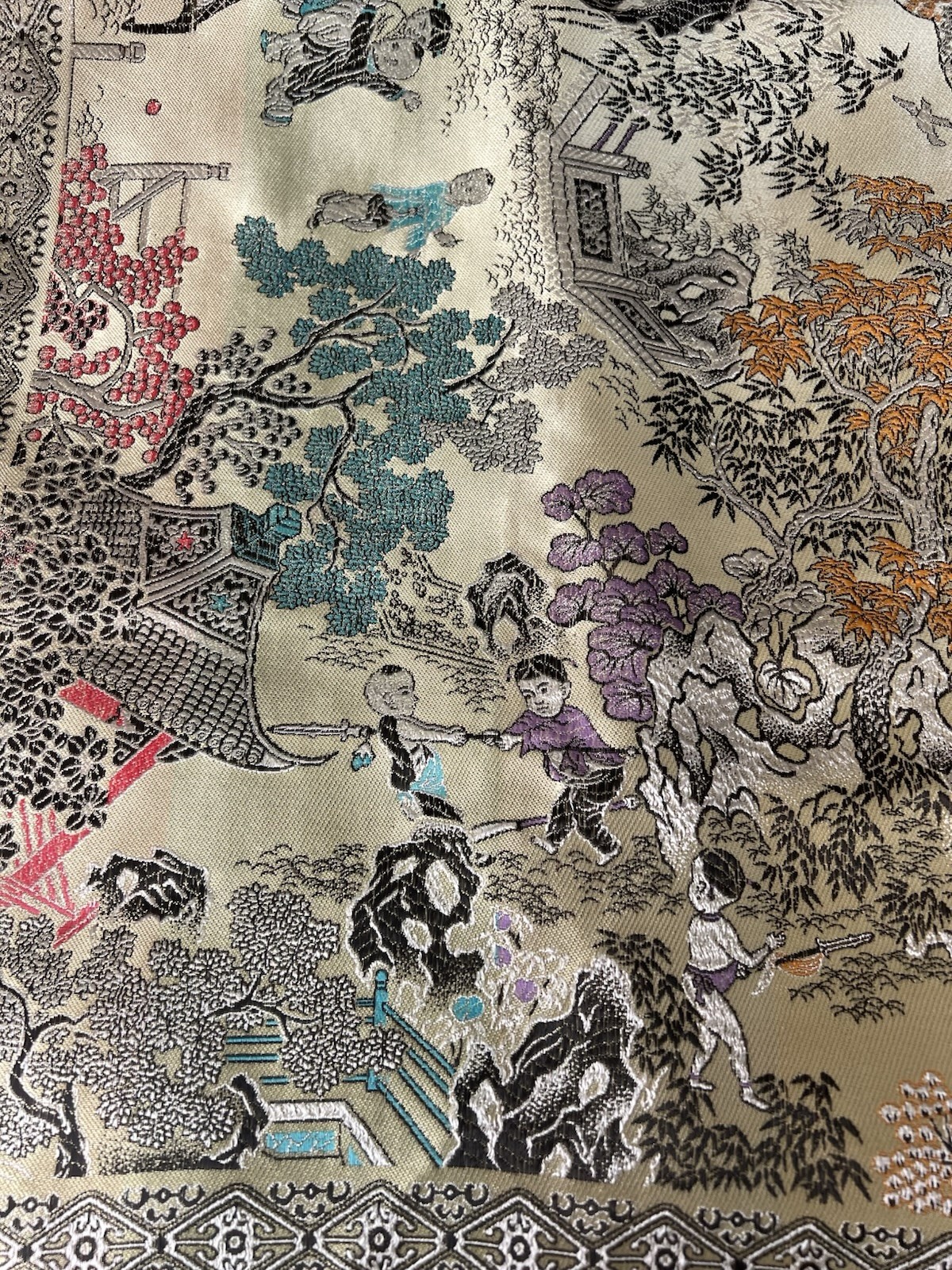 Vintage Chinese Silk Brocade China Tapestry Table Cloth 36”x 36” Yellow Fringe