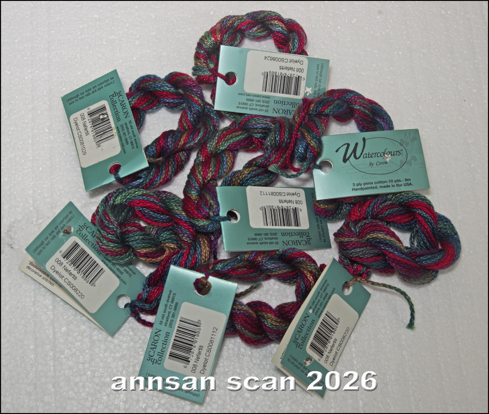 7 skeins Watercolours Caron 3-ply Pima cotton threads Nefertiti 008 mixd dylot