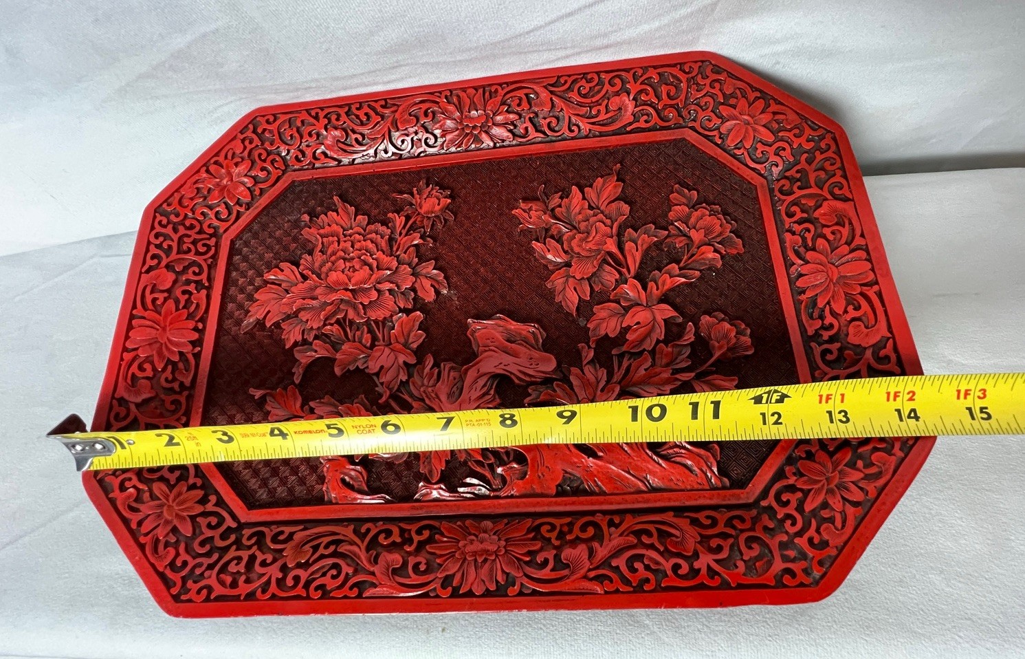 Vintage Chinese Cinnabar Lacquer Serving Tray Platter Carved Peony Floral 14×10″