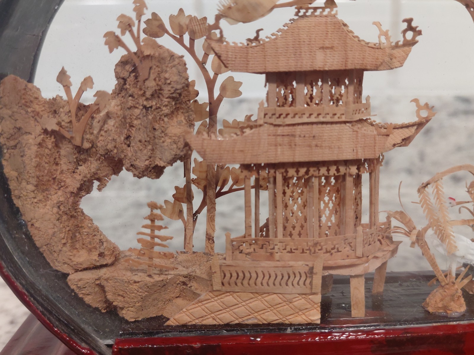 Vintage Oval Chinese Cork Art Diorama Shadow Box Pagoda Cranes Scene Glass Frame