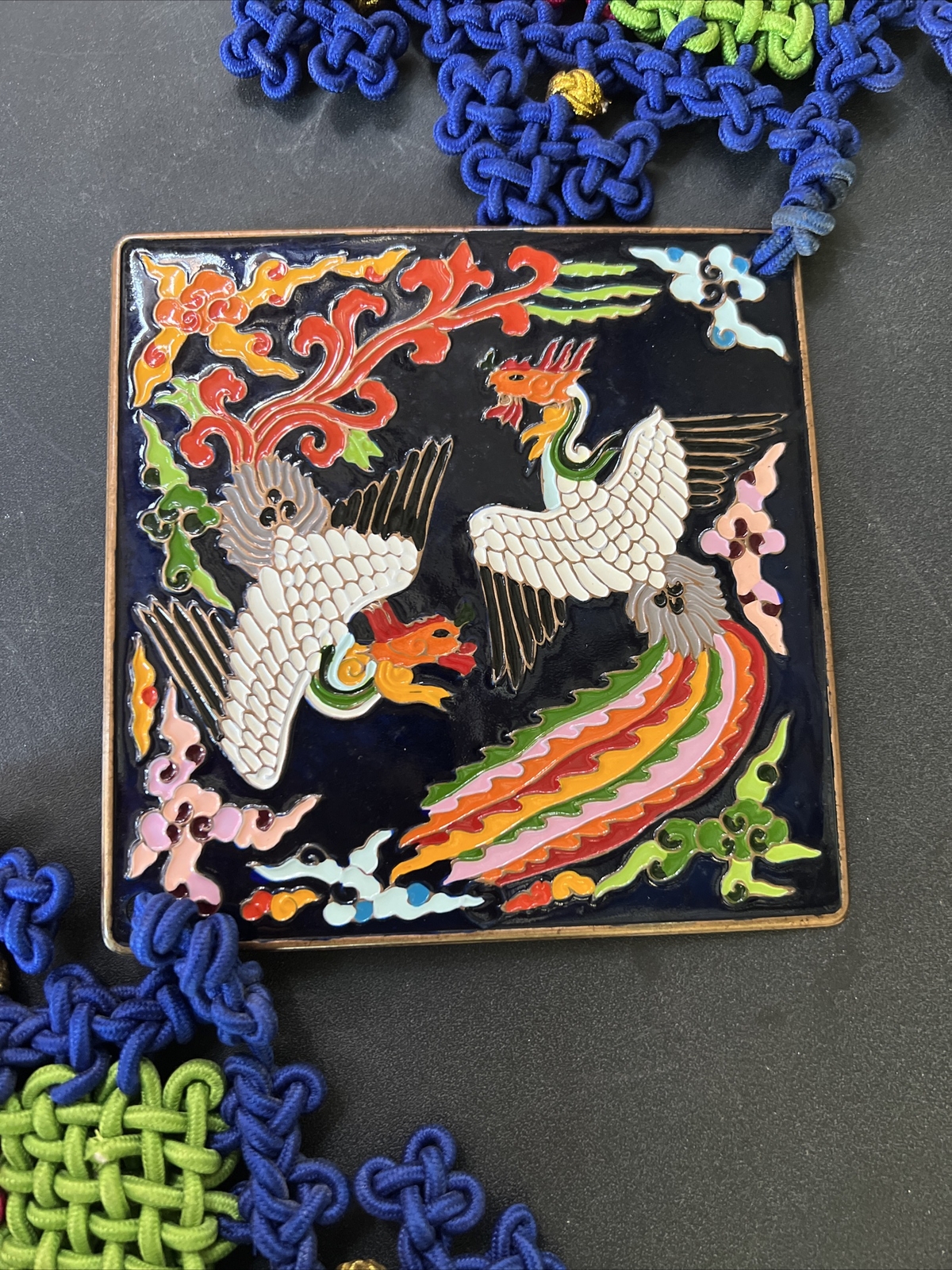 Vintage Chinese Long Enamel Cloisonne Multi Colored Knotted Tassel Wall Hanging
