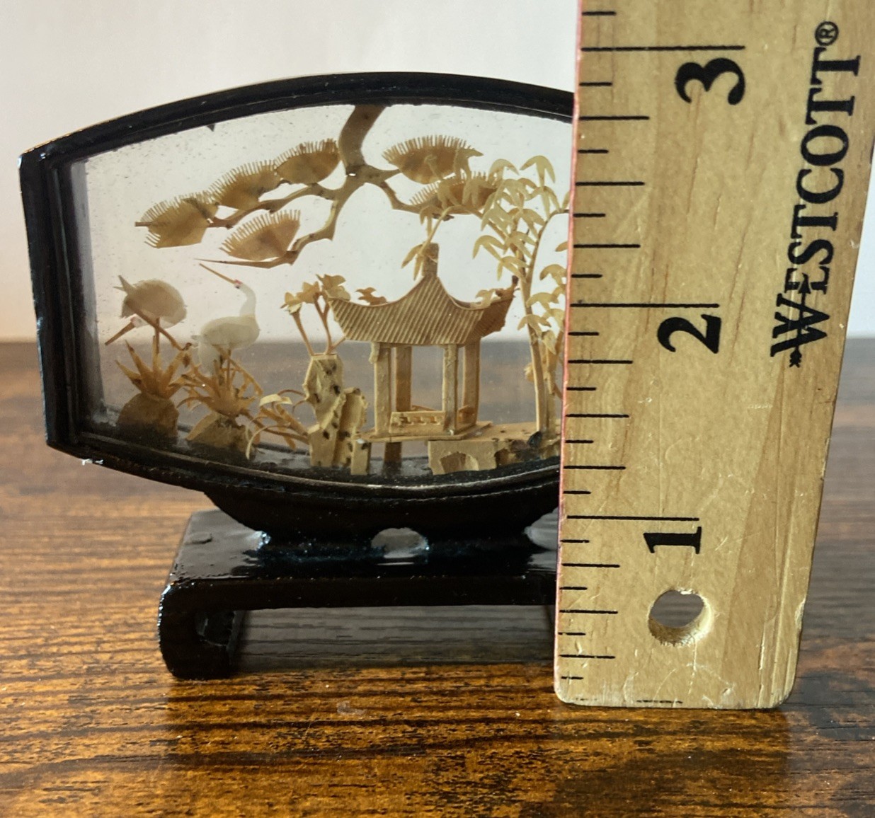 Carved Cork Chinese Art Diorama with Cranes Pagoda & Trees Black Lacquer Vintage